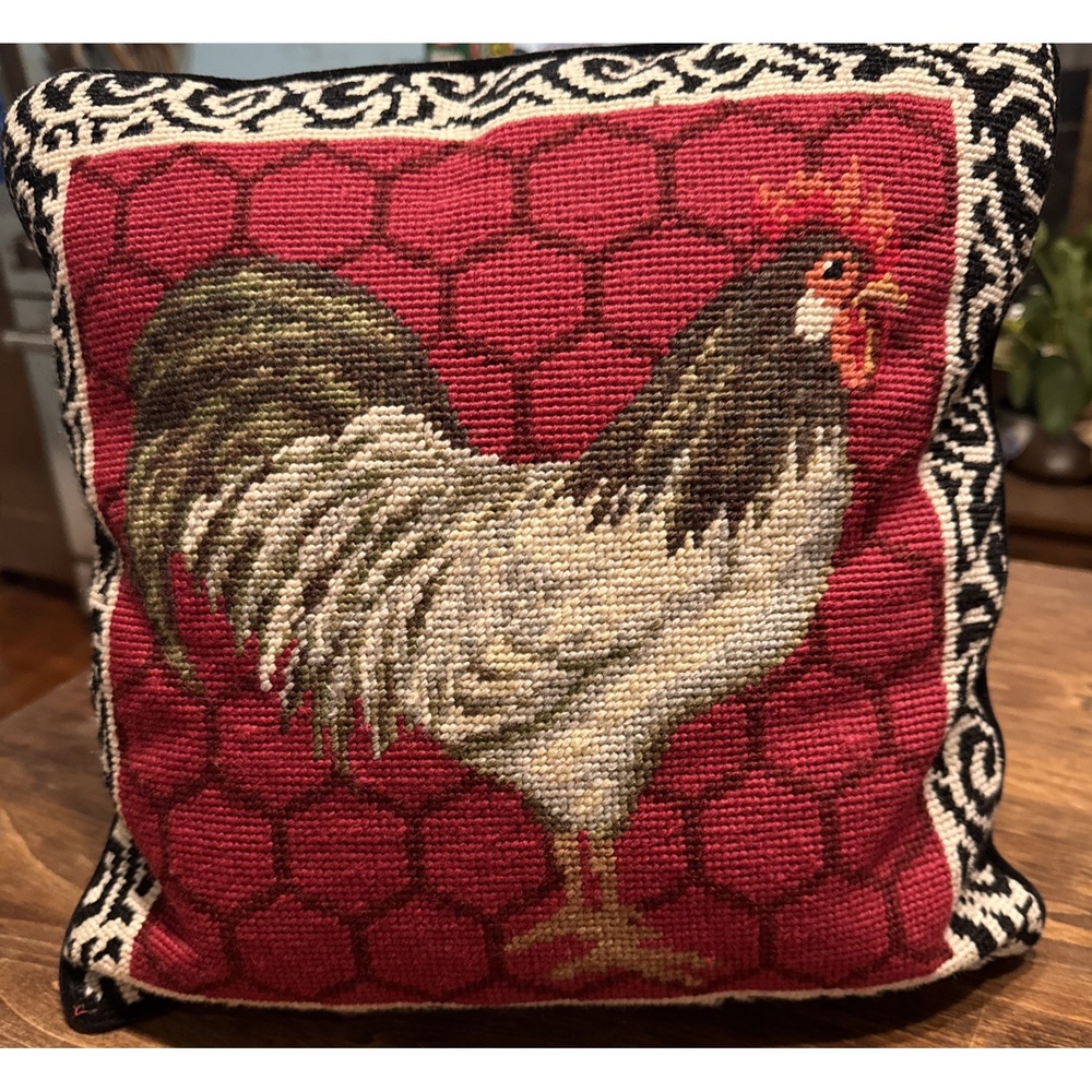 Rooster Needlepoint Pillow Country Chicken 13x13 Black Red Farmhouse Decor